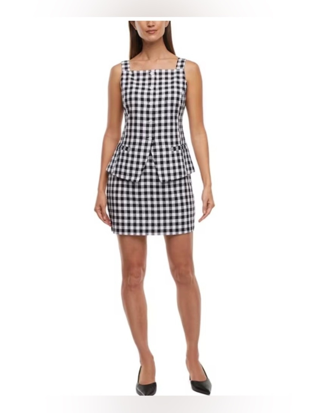 Express|Linen blend Black & White Gingham button down & mini skirt matching set•